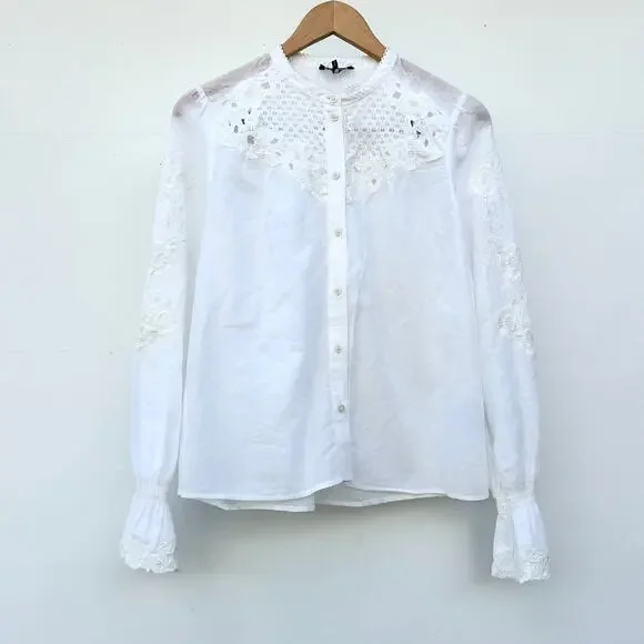 ME+EM White Broderie Eyelet Lace Embroidered Blouse Cotton Voile 2 XS Cottage - Picture 5 of 13